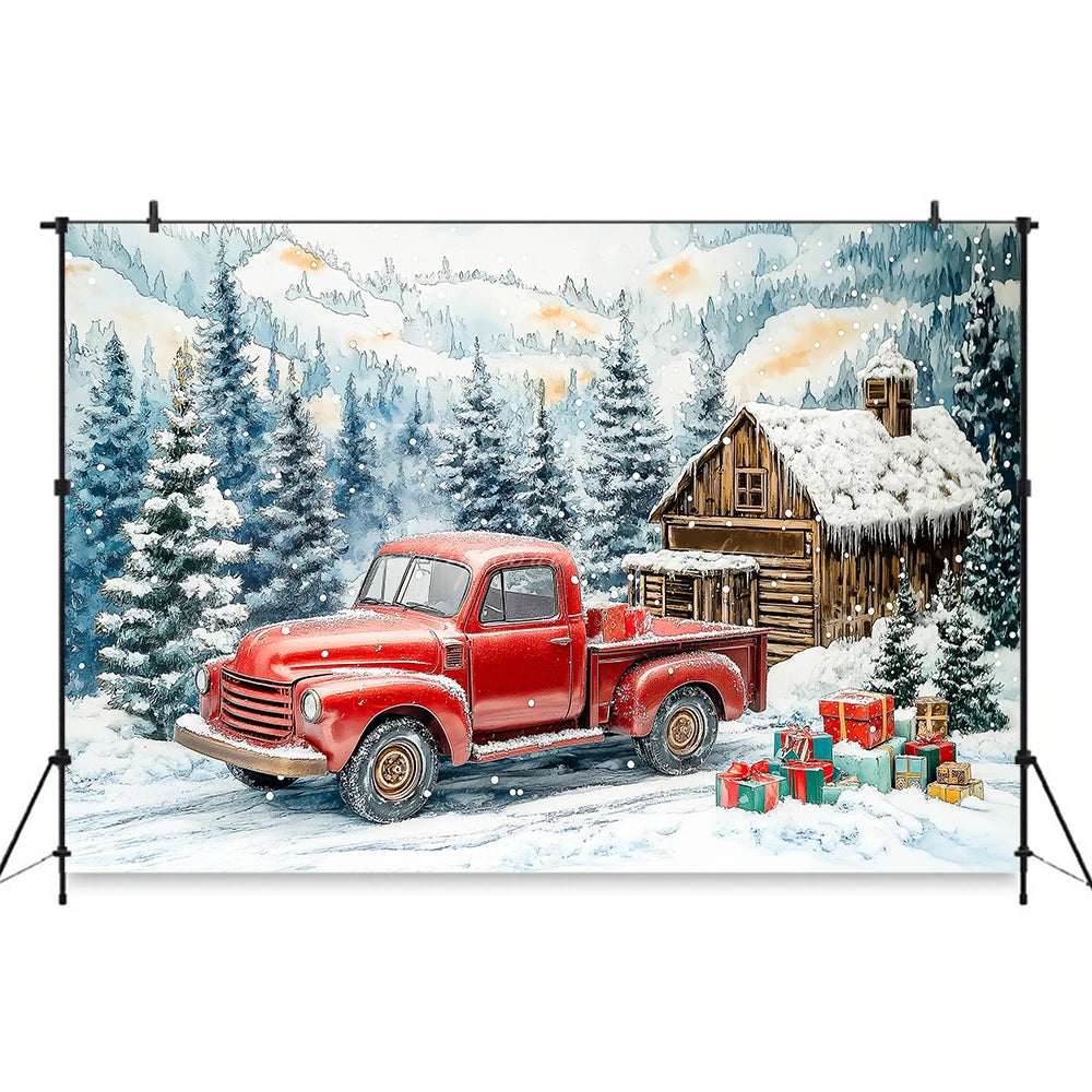 Christmas Themed Winter House and Red Truck Photo Backdrop Baby Kids Portrait Family Party Photocall Photograhy Background