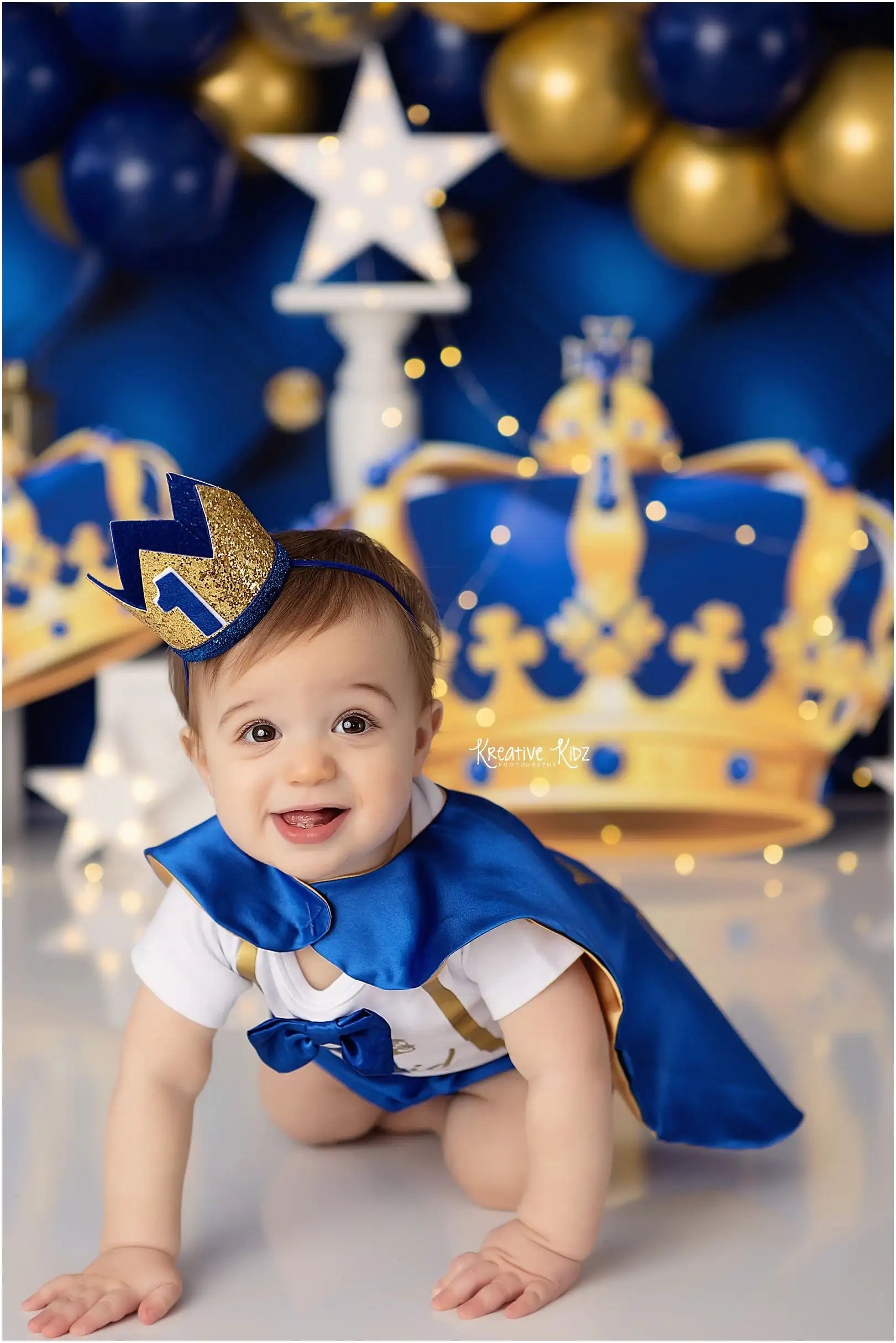 Royal King Golden Crown Backdrop Kids Boys Cake Smash Photography Props Blue Balloons Garland Child Adult Studio Backgrounds