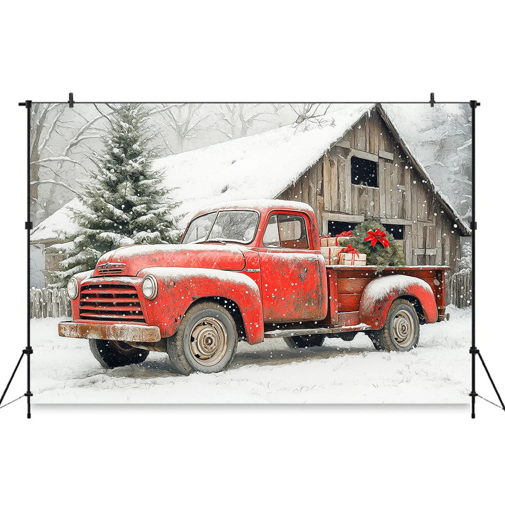 Christmas Themed Winter House and Red Truck Photo Backdrop Baby Kids Portrait Family Party Photocall Photograhy Background