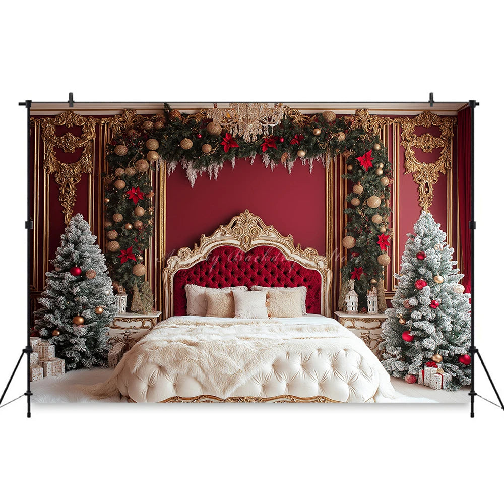 Christmas Tree with Red and Gold Headboard Photography Backdrop Baby Kids Portrait Family Party Photocall Studio Background