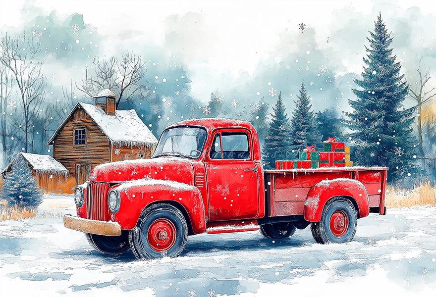 Christmas Themed Winter House and Red Truck Photo Backdrop Baby Kids Portrait Family Party Photocall Photograhy Background