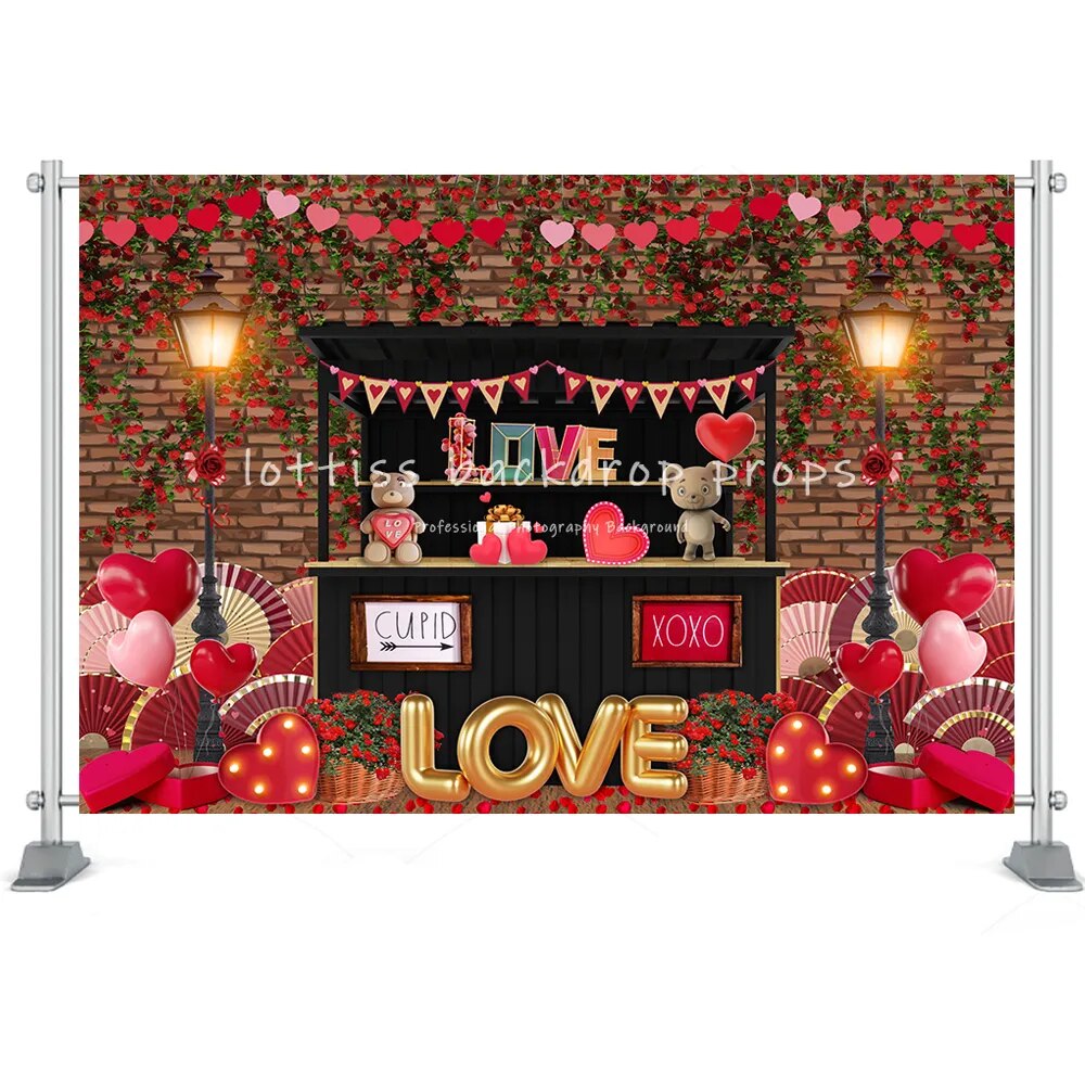 Mur de briques pour la saint-valentin, porte en bois, cœur de Rose rouge, magasin de fleurs, mur de briques, arrière-plan pour Photo, accessoires de séance Photo en Studio