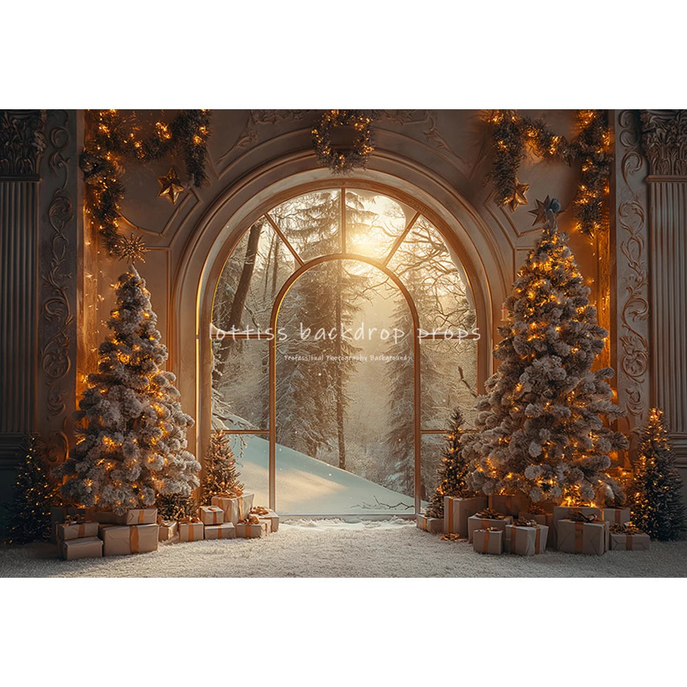 Winter Arched Window Backdrop Kids Family Photography Xmas Snowflake Forest Child Santa Photocall Christmas Trees Backgrounds
