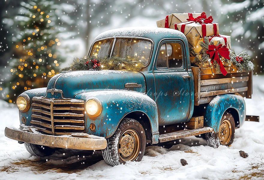 Backdrop With A Blue Vintage Truck and Gifts Winter Snowy Kids Baby Cake Smash Photography Props Girls Adult Birthday Background