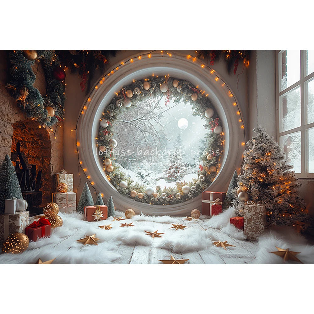 Winter Arched Window Backdrop Kids Family Photography Xmas Snowflake Forest Child Santa Photocall Christmas Trees Backgrounds