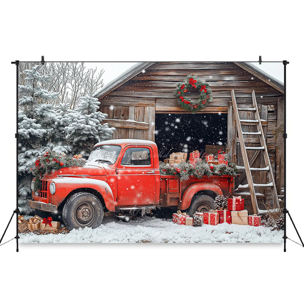 Christmas Themed Winter House and Red Truck Photo Backdrop Baby Kids Portrait Family Party Photocall Photograhy Background