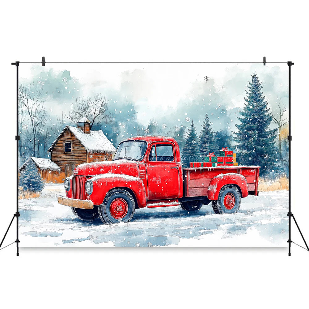 Christmas Themed Winter House and Red Truck Photo Backdrop Baby Kids Portrait Family Party Photocall Photograhy Background