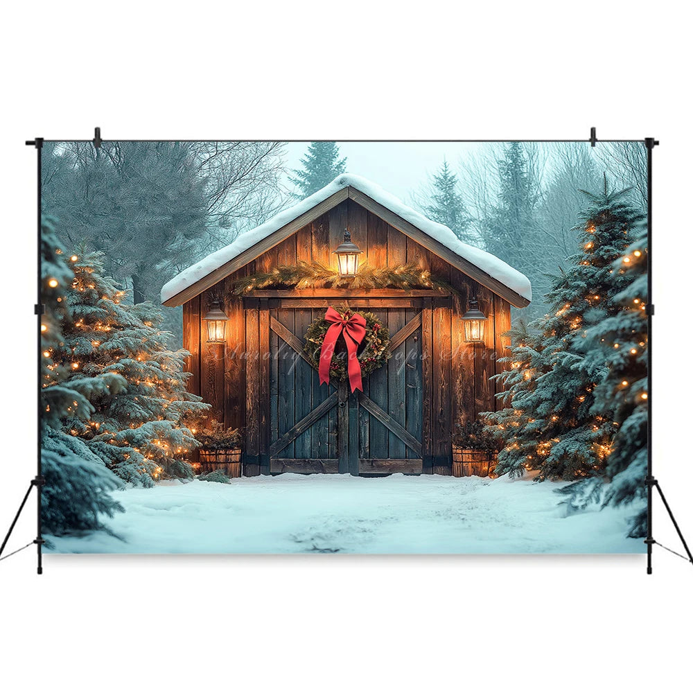Rustic Christmas Backdrop With Wooden Barn Door and String Lights Baby Kid Portrait Family Party Photocall Photograhy Background