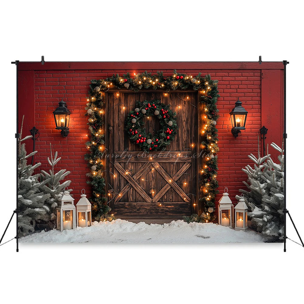 Christmas Photo Backdrop Wooden Barn Door With Fancy Trees Baby Kids Portrait Family Party Photocall Photograhy Background
