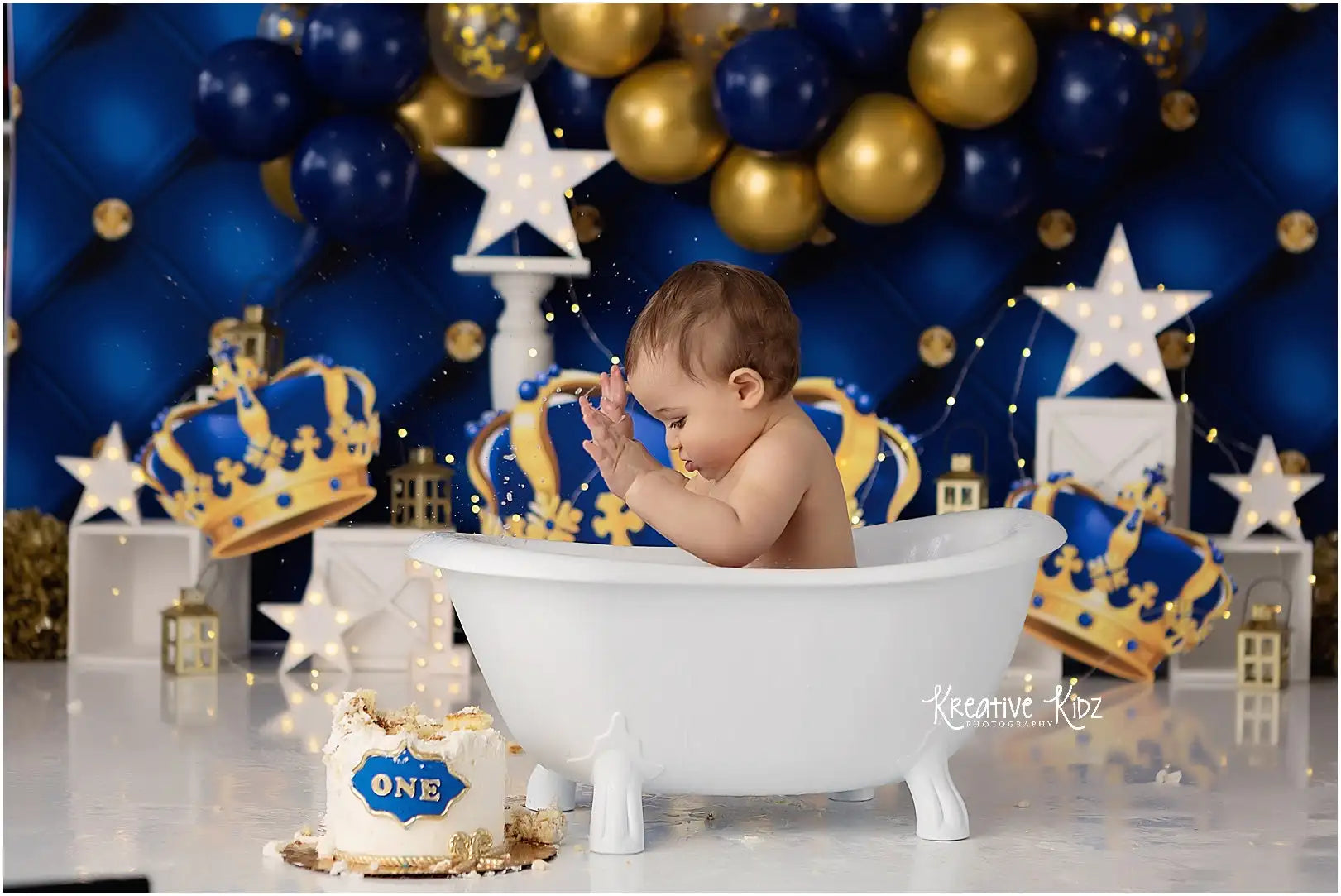 Royal King Golden Crown Backdrop Kids Boys Cake Smash Photography Props Blue Balloons Garland Child Adult Studio Backgrounds