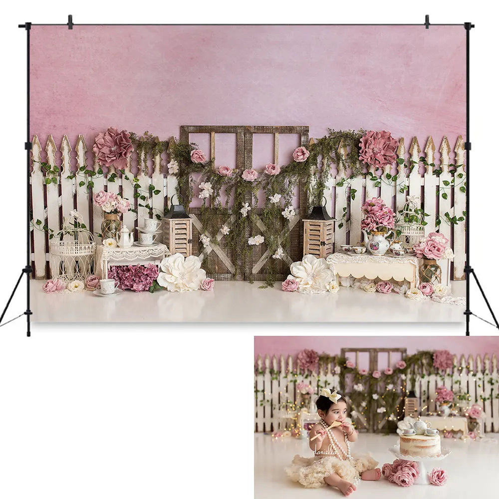 Rose Tea Party Backdrop Spring Garden Floral Child Baby Cake Smash Photography Props Girls Adult Birthday Studio Backgrounds