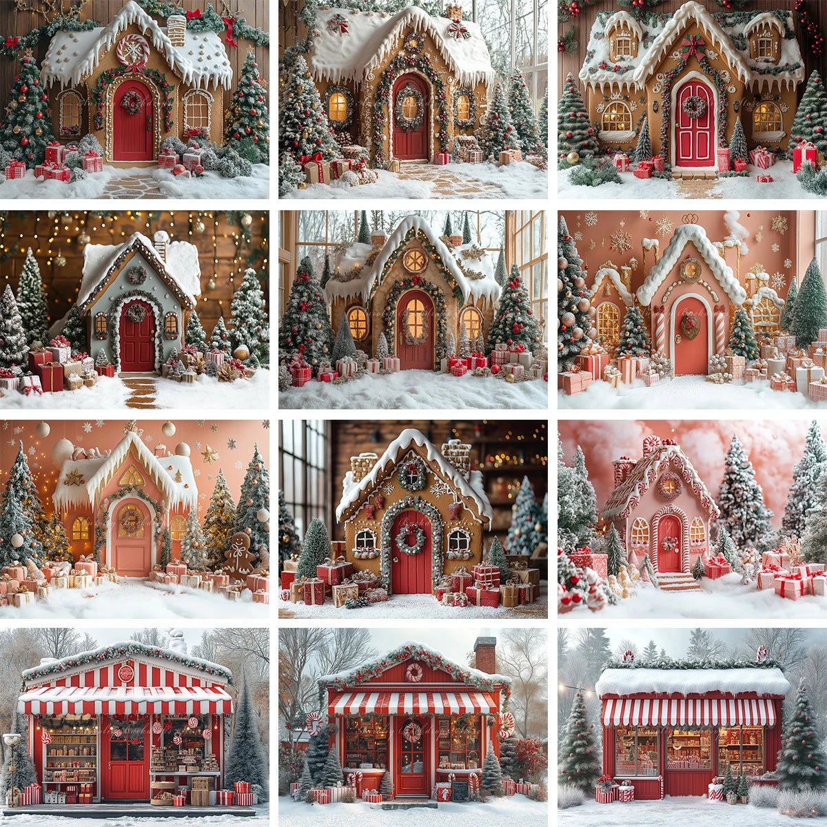Gingerbread House Christmas Backdrop Red And White Striped Gift Shop Kids Baby Cake Smash Photocall Backgrounds