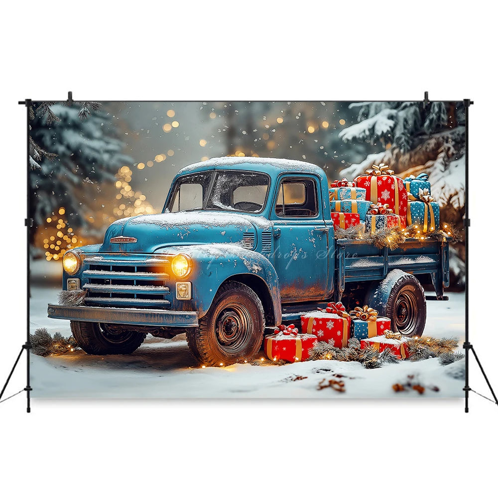 Backdrop With A Blue Vintage Truck and Gifts Winter Snowy Kids Baby Cake Smash Photography Props Girls Adult Birthday Background