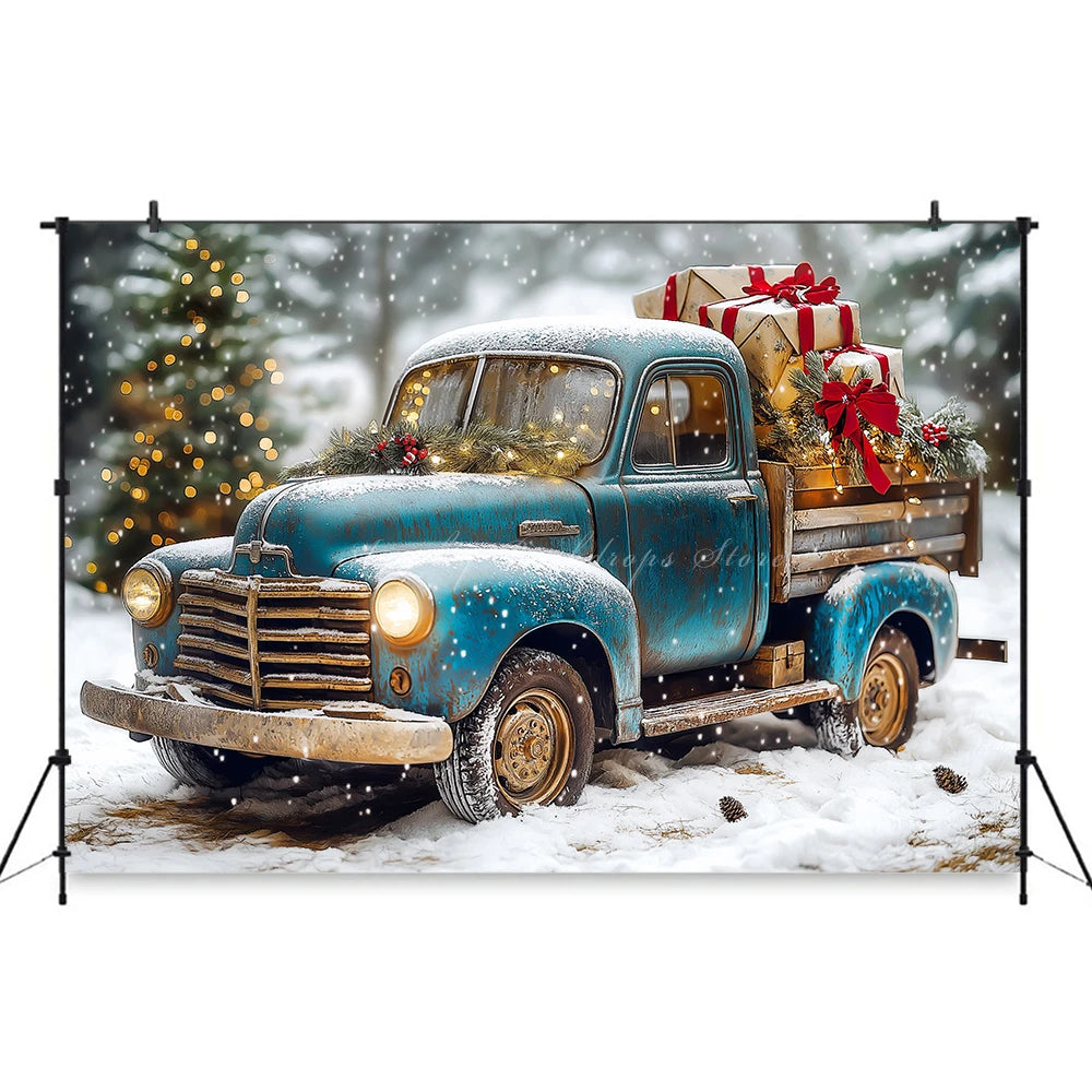 Backdrop With A Blue Vintage Truck and Gifts Winter Snowy Kids Baby Cake Smash Photography Props Girls Adult Birthday Background
