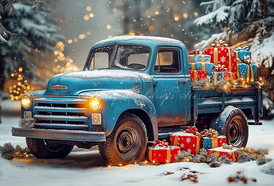 Backdrop With A Blue Vintage Truck and Gifts Winter Snowy Kids Baby Cake Smash Photography Props Girls Adult Birthday Background