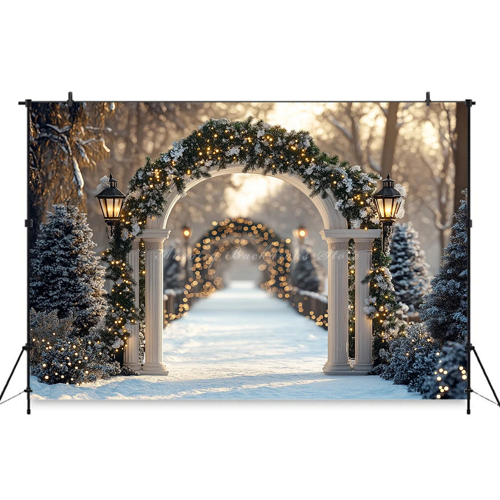 Christmas Backdrop With White Arched Garland Photography Backdrop Winter Snowy Baby Kids Portrait Family Photocall Backgrounds