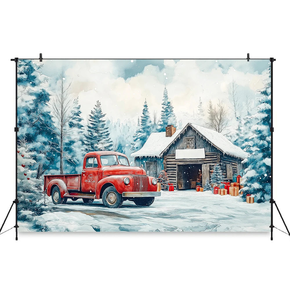 Christmas Themed Winter House and Red Truck Photo Backdrop Baby Kids Portrait Family Party Photocall Photograhy Background