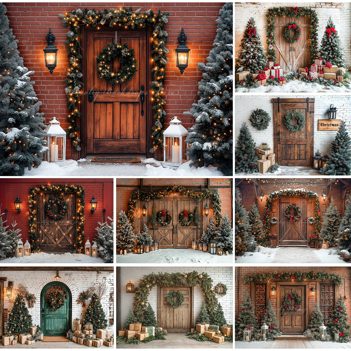 Christmas Photo Backdrop Wooden Barn Door With Fancy Trees Baby Kids Portrait Family Party Photocall Photograhy Background