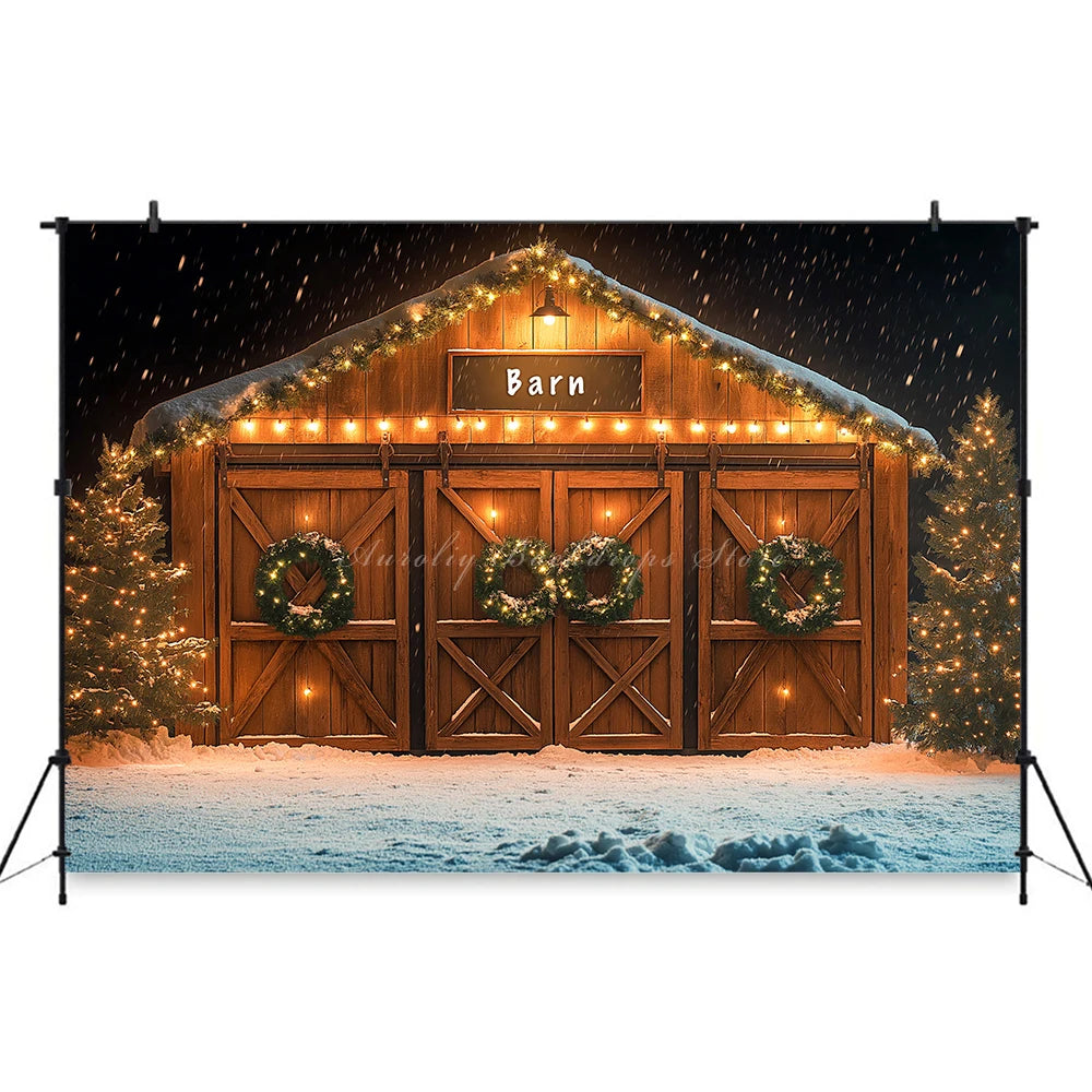 Rustic Christmas Backdrop With Wooden Barn Door and String Lights Baby Kid Portrait Family Party Photocall Photograhy Background