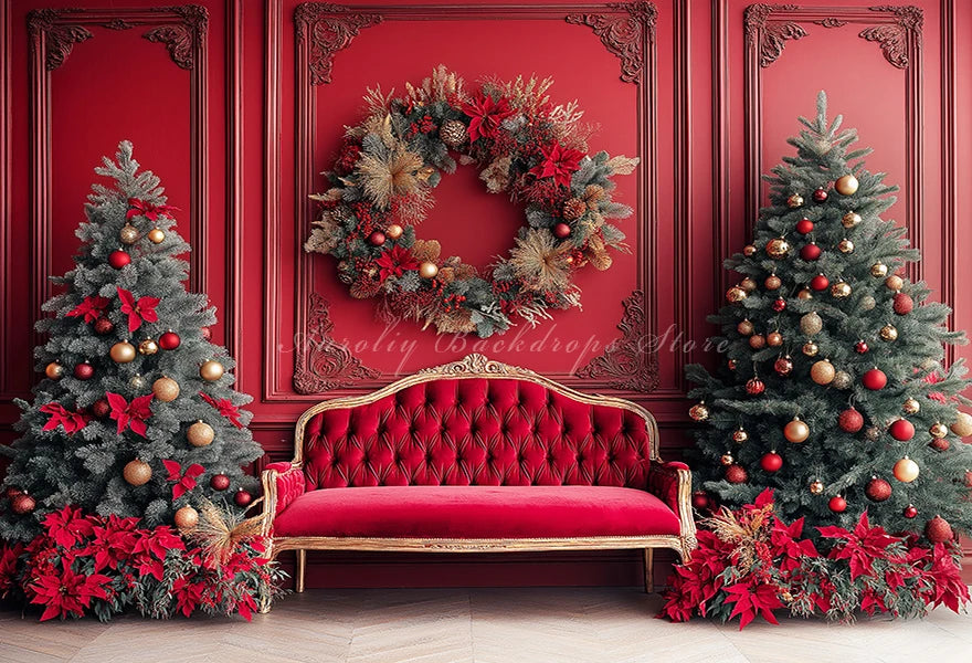 Christmas Tree with Red and Gold Headboard Photography Backdrop Baby Kids Portrait Family Party Photocall Studio Background