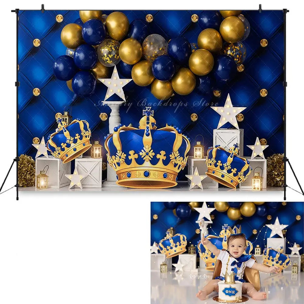 Royal King Golden Crown Backdrop Kids Boys Cake Smash Photography Props Blue Balloons Garland Child Adult Studio Backgrounds