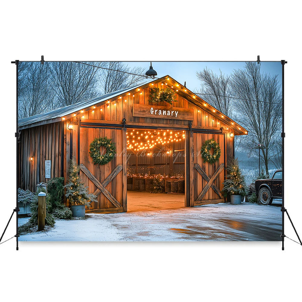 Rustic Christmas Backdrop With Wooden Barn Door and String Lights Baby Kid Portrait Family Party Photocall Photograhy Background