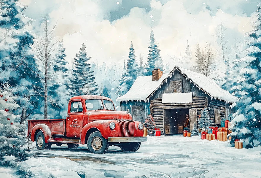 Christmas Themed Winter House and Red Truck Photo Backdrop Baby Kids Portrait Family Party Photocall Photograhy Background