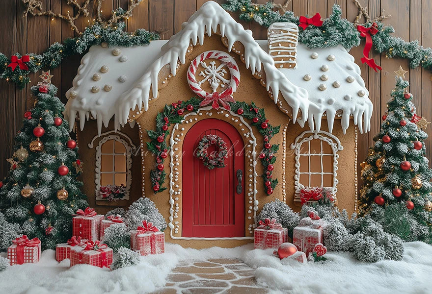 Gingerbread House Christmas Backdrop Red And White Striped Gift Shop Kids Baby Cake Smash Photocall Backgrounds