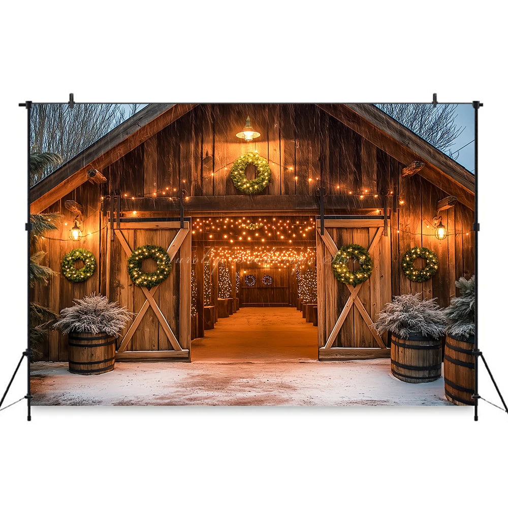 Rustic Christmas Backdrop With Wooden Barn Door and String Lights Baby Kid Portrait Family Party Photocall Photograhy Background