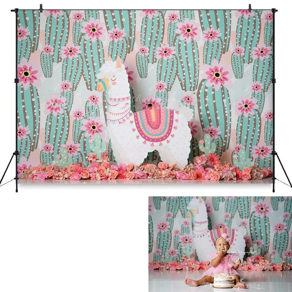 Alpaca and Floral Photography Backdrop Kids Baby Cake Smash Photocall Decors Child Adult Birthday Photo Shoot Backgrounds