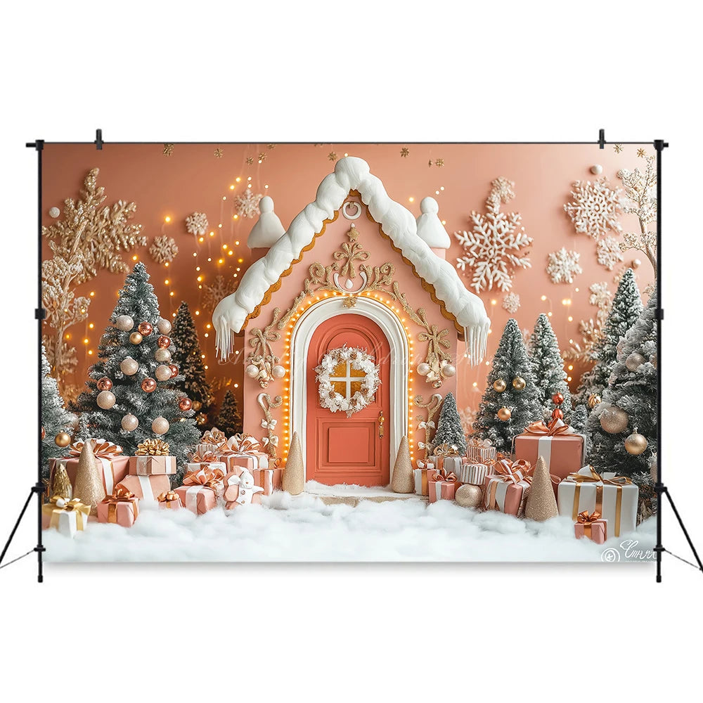 Gingerbread House Christmas Backdrop Red And White Striped Gift Shop Kids Baby Cake Smash Photocall Backgrounds