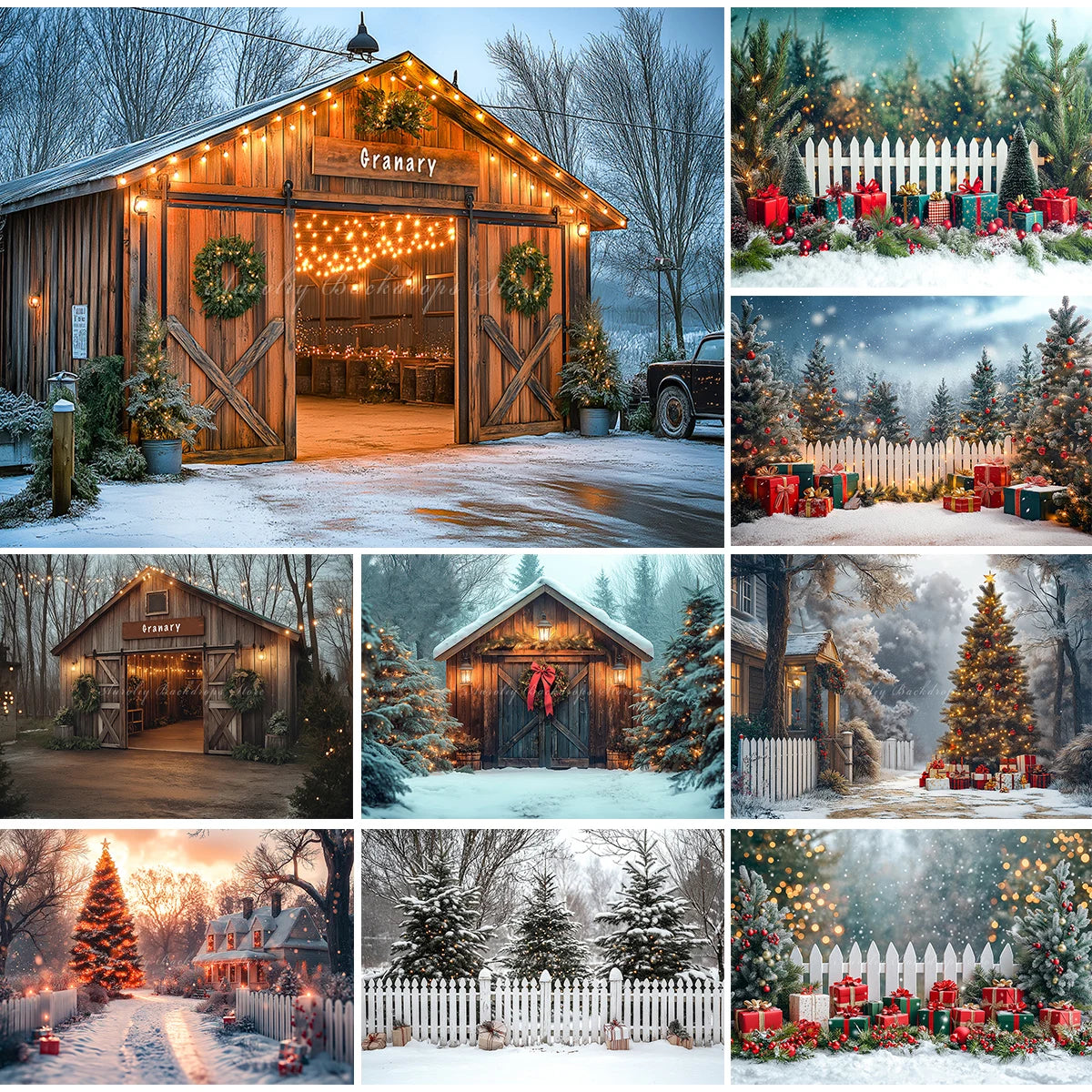 Rustic Christmas Backdrop With Wooden Barn Door and String Lights Baby Kid Portrait Family Party Photocall Photograhy Background