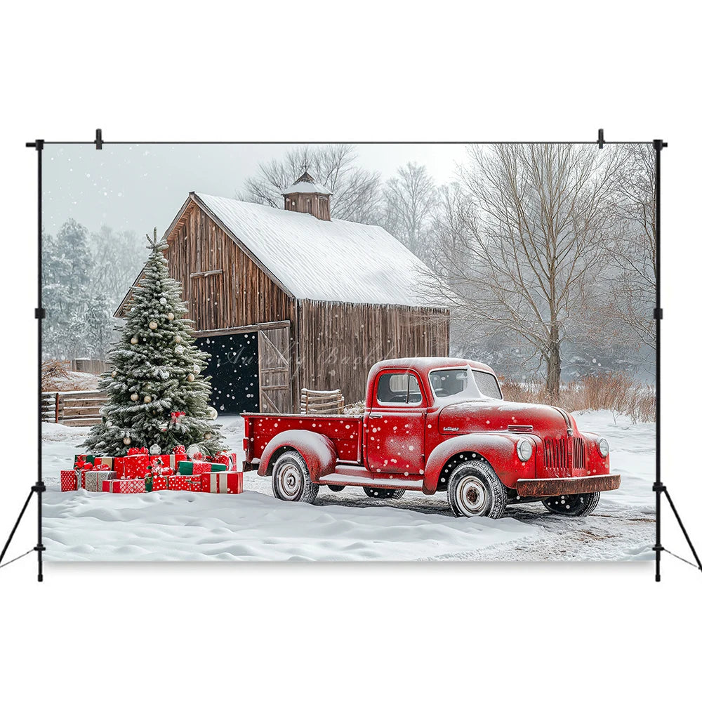 Christmas Themed Winter House and Red Truck Photo Backdrop Baby Kids Portrait Family Party Photocall Photograhy Background
