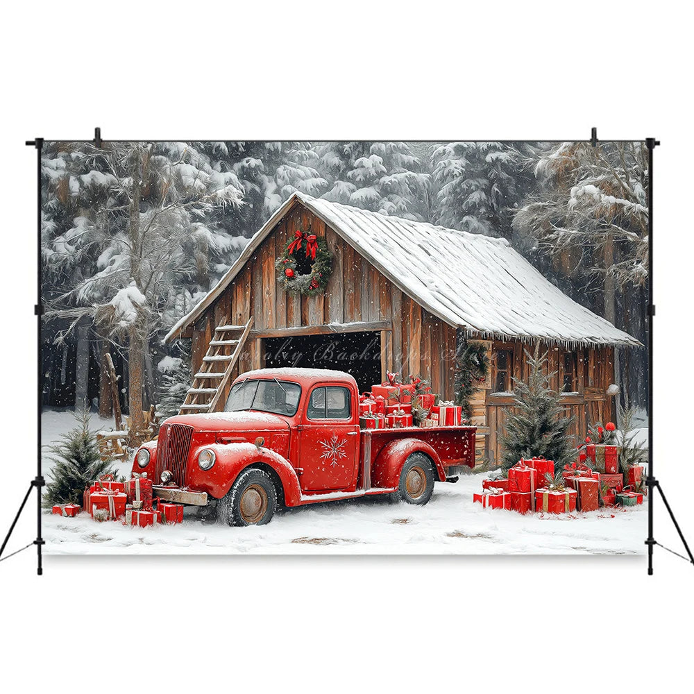 Christmas Themed Winter House and Red Truck Photo Backdrop Baby Kids Portrait Family Party Photocall Photograhy Background