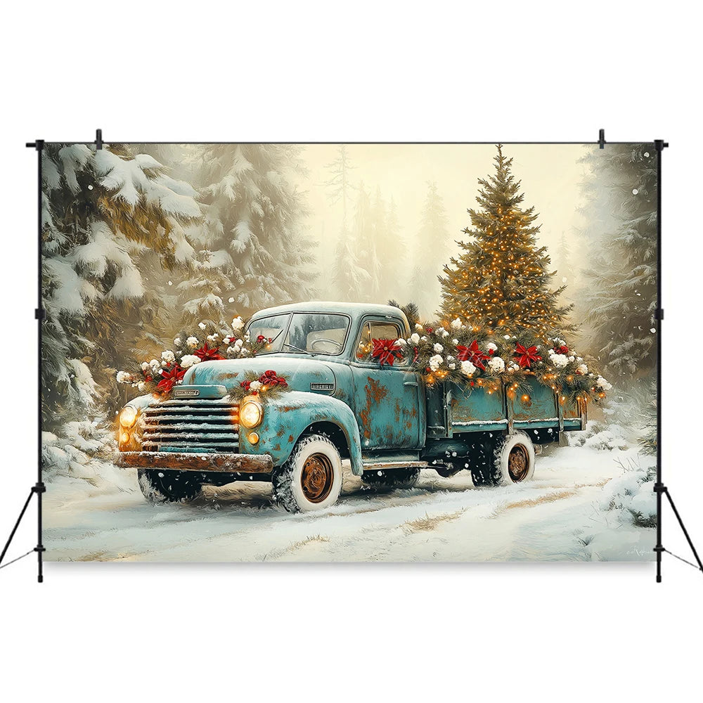 Backdrop With A Blue Vintage Truck and Gifts Winter Snowy Kids Baby Cake Smash Photography Props Girls Adult Birthday Background