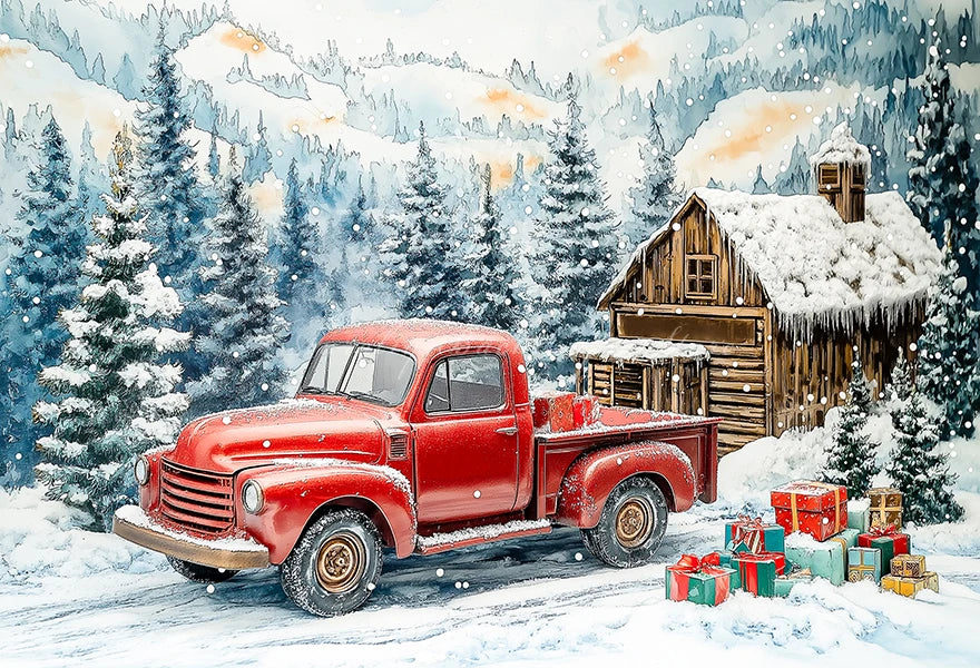 Christmas Themed Winter House and Red Truck Photo Backdrop Baby Kids Portrait Family Party Photocall Photograhy Background