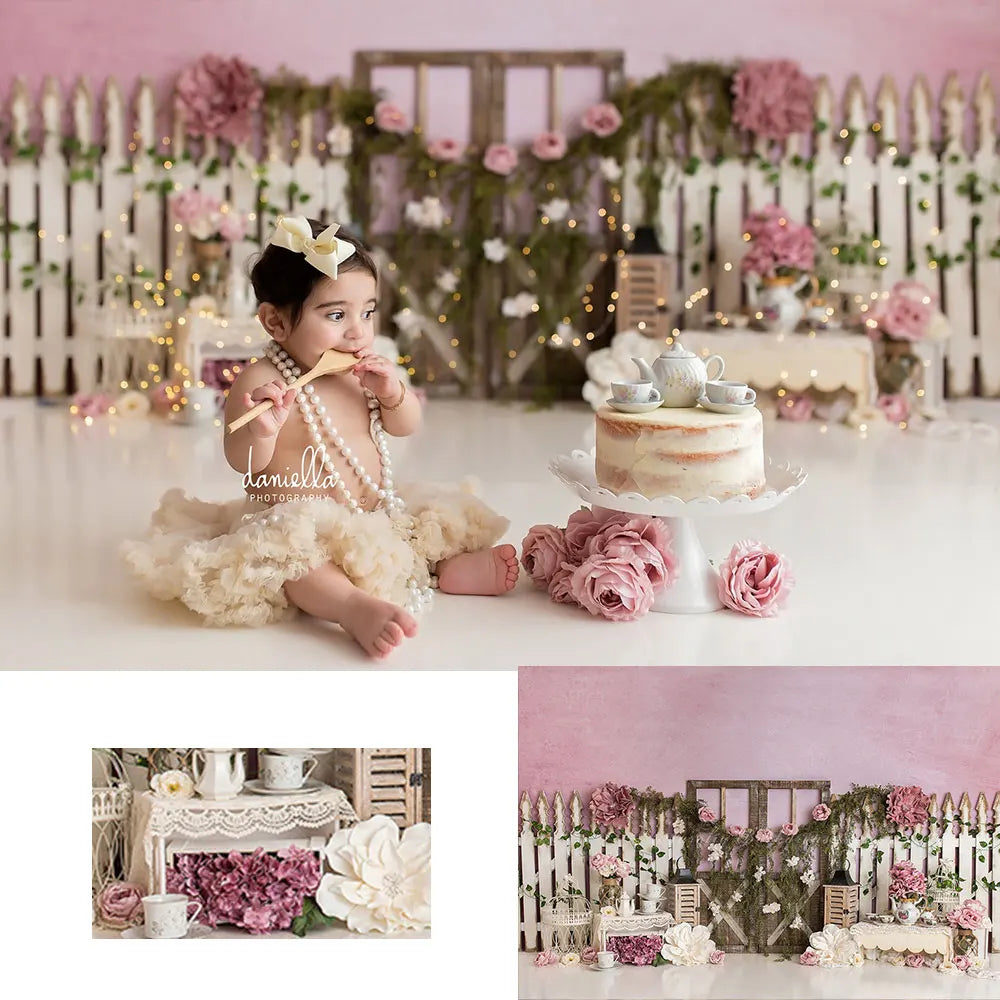Rose Tea Party Backdrop Spring Garden Floral Child Baby Cake Smash Photography Props Girls Adult Birthday Studio Backgrounds
