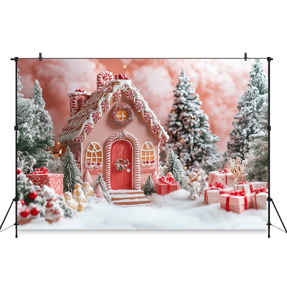Gingerbread House Christmas Backdrop Red And White Striped Gift Shop Kids Baby Cake Smash Photocall Backgrounds