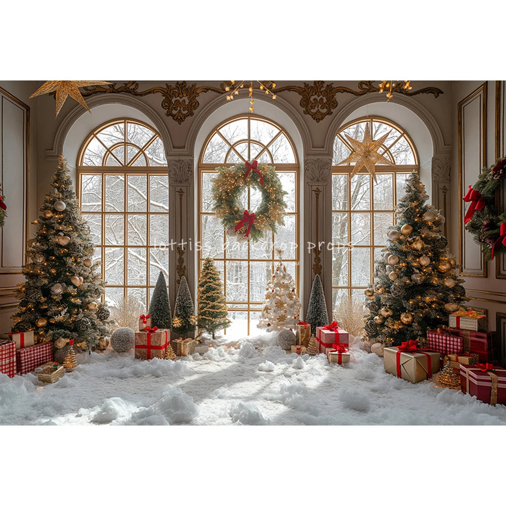 Winter Arched Window Backdrop Kids Family Photography Xmas Snowflake Forest Child Santa Photocall Christmas Trees Backgrounds