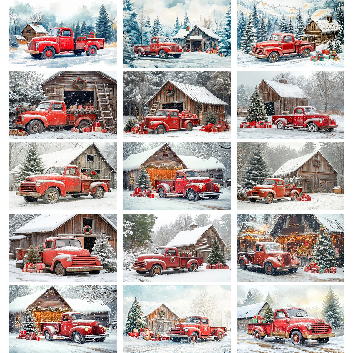 Christmas Themed Winter House and Red Truck Photo Backdrop Baby Kids Portrait Family Party Photocall Photograhy Background