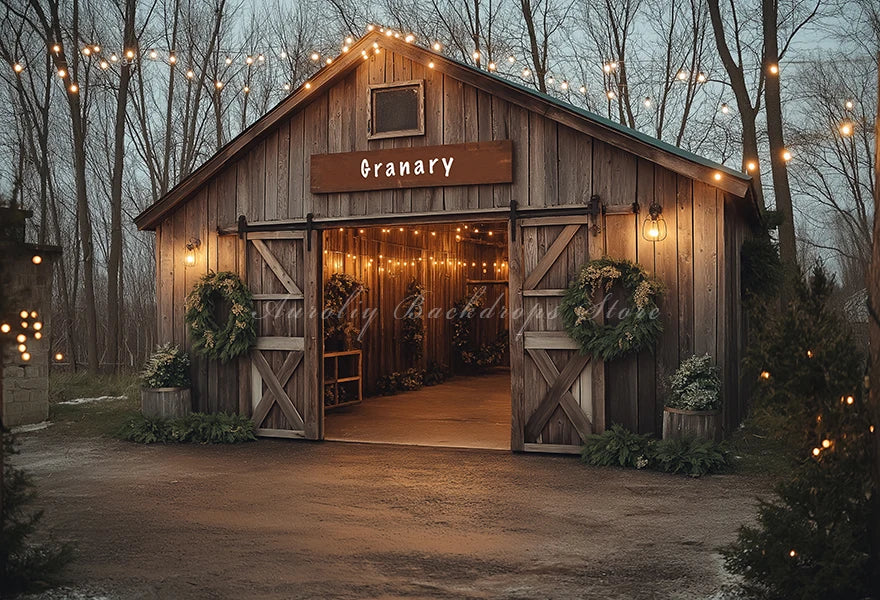 Rustic Christmas Backdrop With Wooden Barn Door and String Lights Baby Kid Portrait Family Party Photocall Photograhy Background
