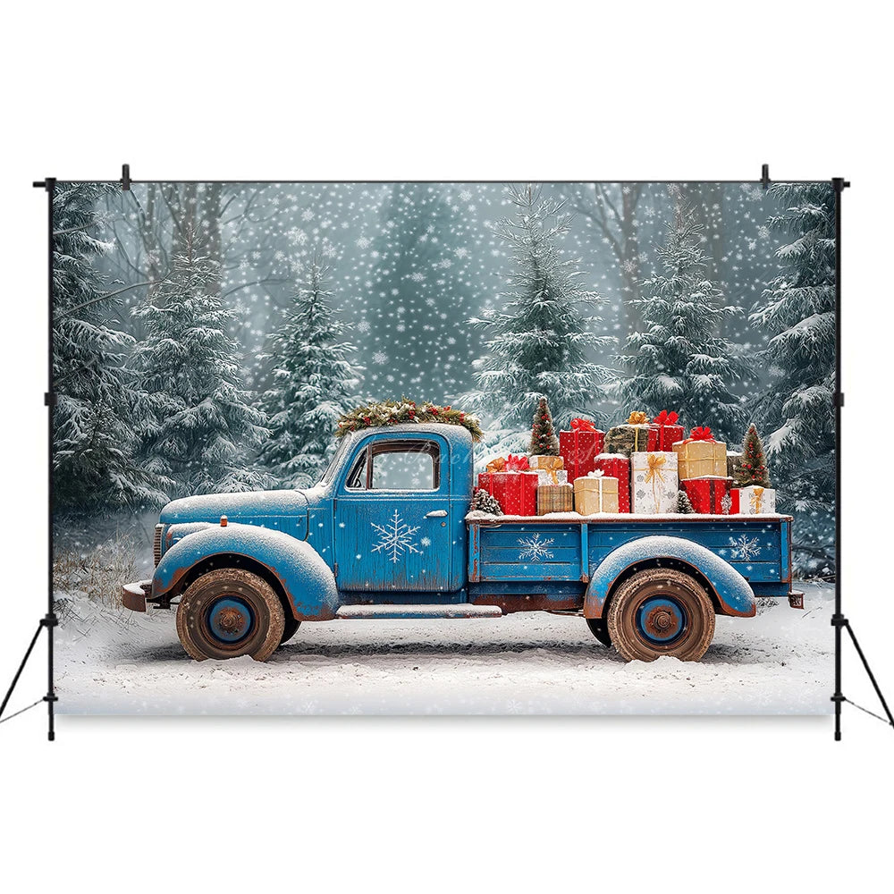 Backdrop With A Blue Vintage Truck and Gifts Winter Snowy Kids Baby Cake Smash Photography Props Girls Adult Birthday Background