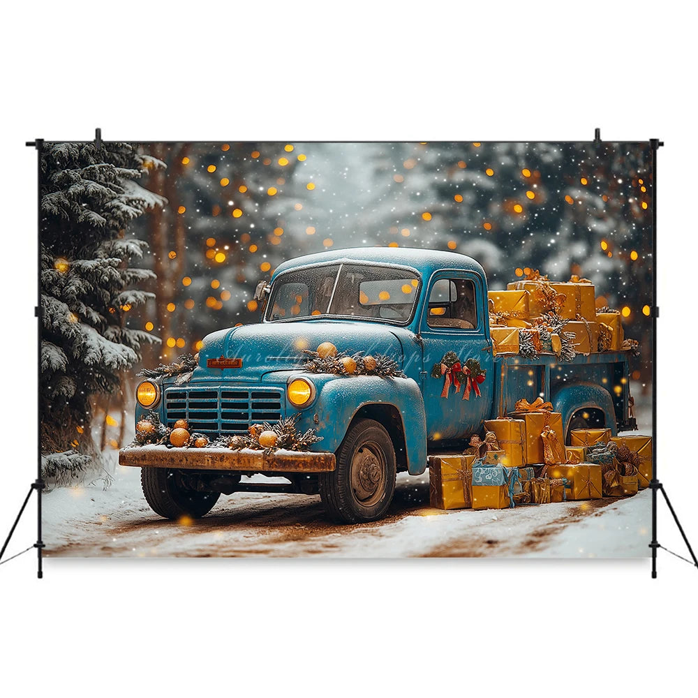Backdrop With A Blue Vintage Truck and Gifts Winter Snowy Kids Baby Cake Smash Photography Props Girls Adult Birthday Background