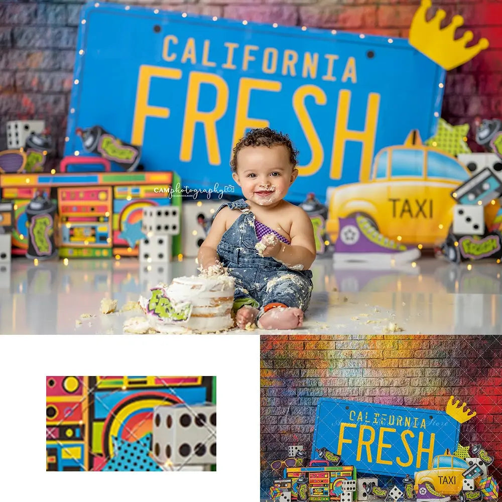 Im So Fresh Retro Brick Wall Photography Backdrop Radio Skating Shoes Boy Adult Birthday Photo Shoot Backgrounds Cake Smash Prop