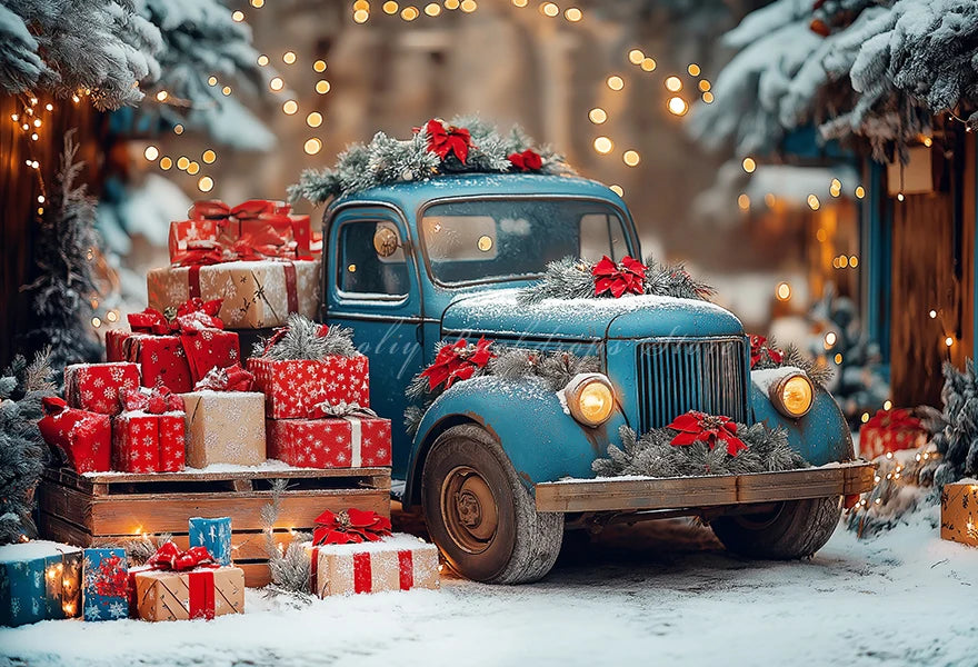 Backdrop With A Blue Vintage Truck and Gifts Winter Snowy Kids Baby Cake Smash Photography Props Girls Adult Birthday Background