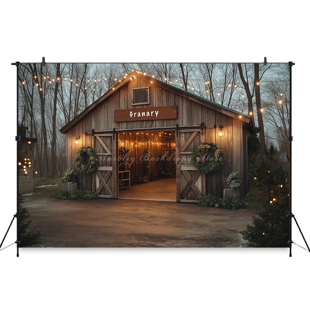 Rustic Christmas Backdrop With Wooden Barn Door and String Lights Baby Kid Portrait Family Party Photocall Photograhy Background