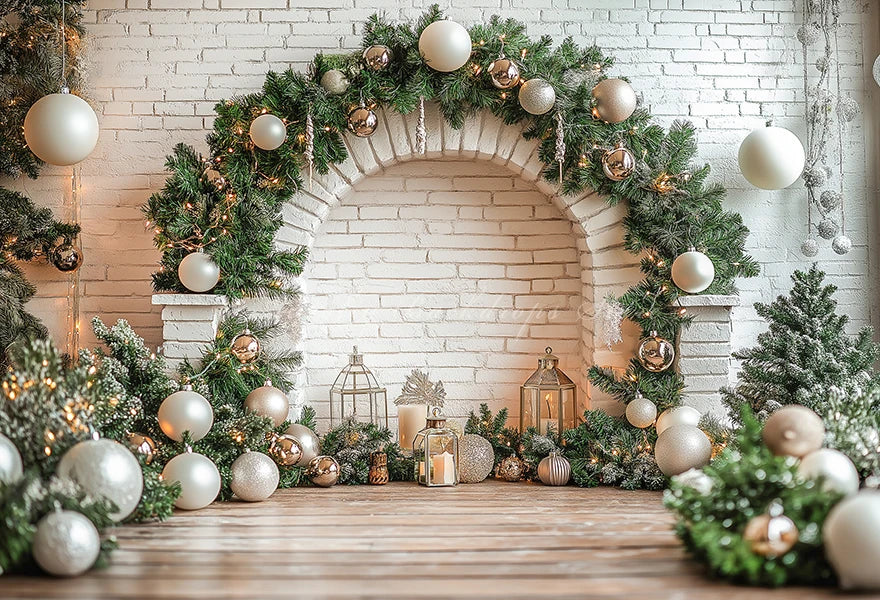 White Arch With Green Christmas Garland Photography Backdrop Kids Baby Cake Smash Birthday Photocall Decors Studio Backgrounds