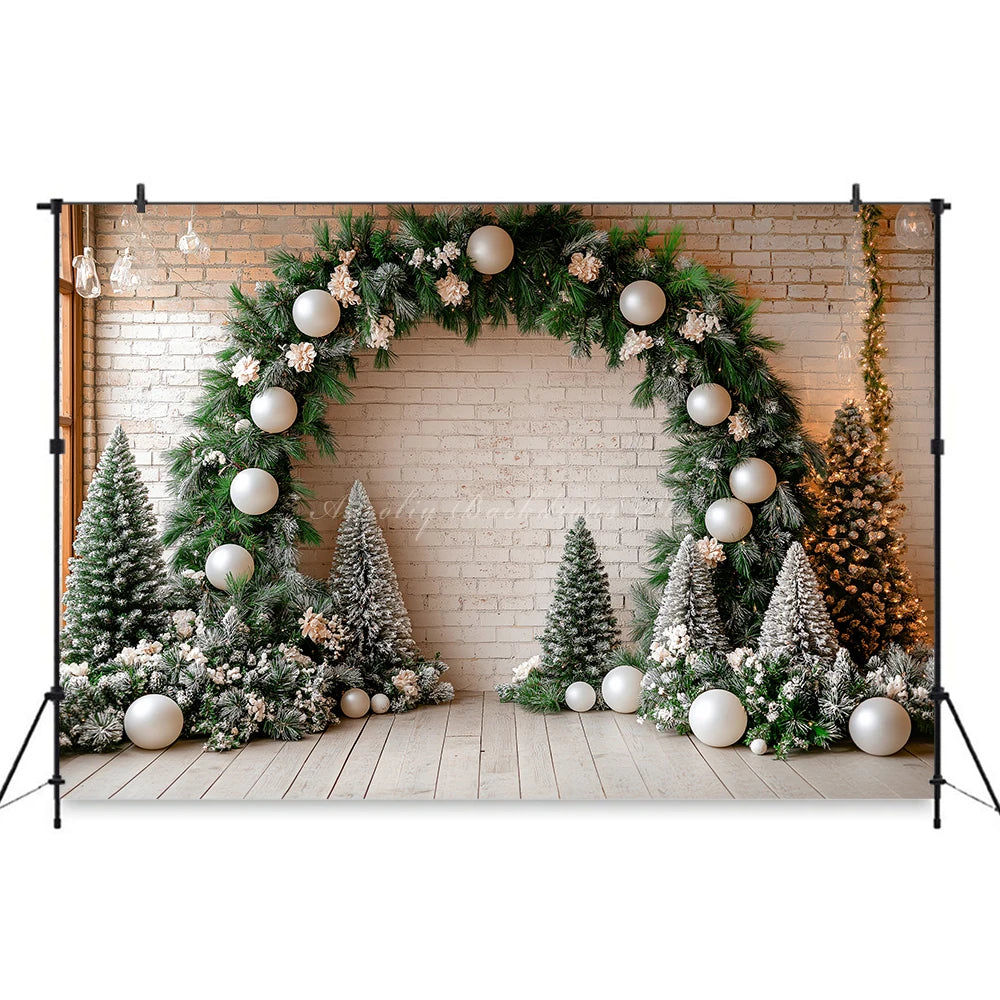 White Arch With Green Christmas Garland Photography Backdrop Kids Baby Cake Smash Birthday Photocall Decors Studio Backgrounds