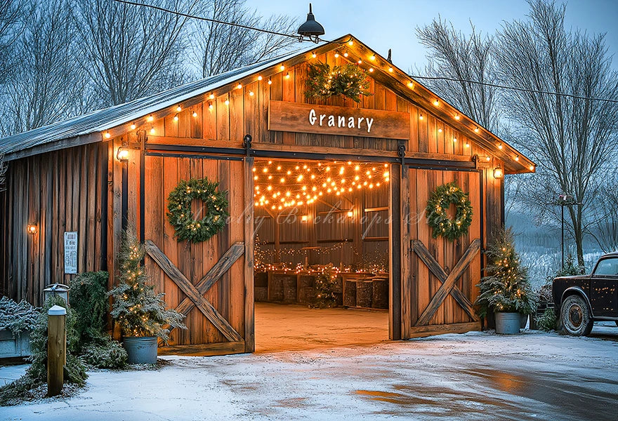 Rustic Christmas Backdrop With Wooden Barn Door and String Lights Baby Kid Portrait Family Party Photocall Photograhy Background