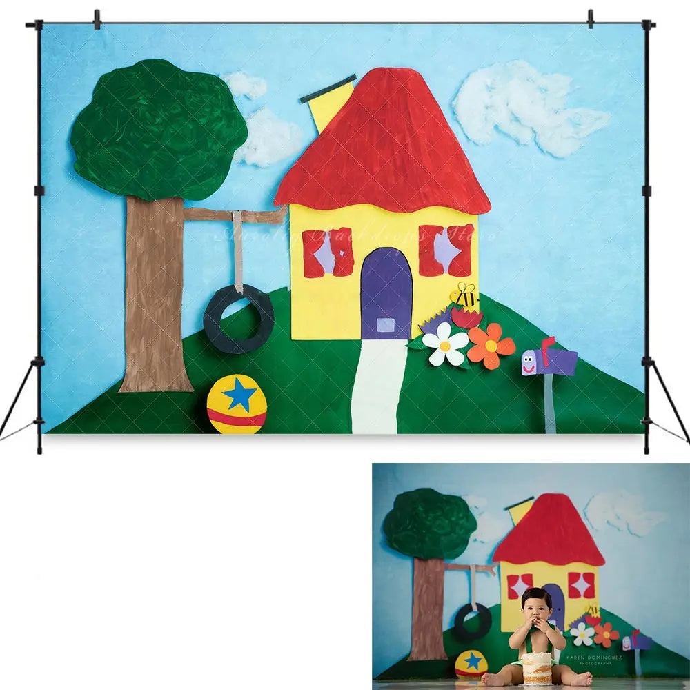 Blues House Photography Backdrop Kids Baby Cake Smash Photocall Decors Child Adult Birthday Photo Shoot Backgrounds
